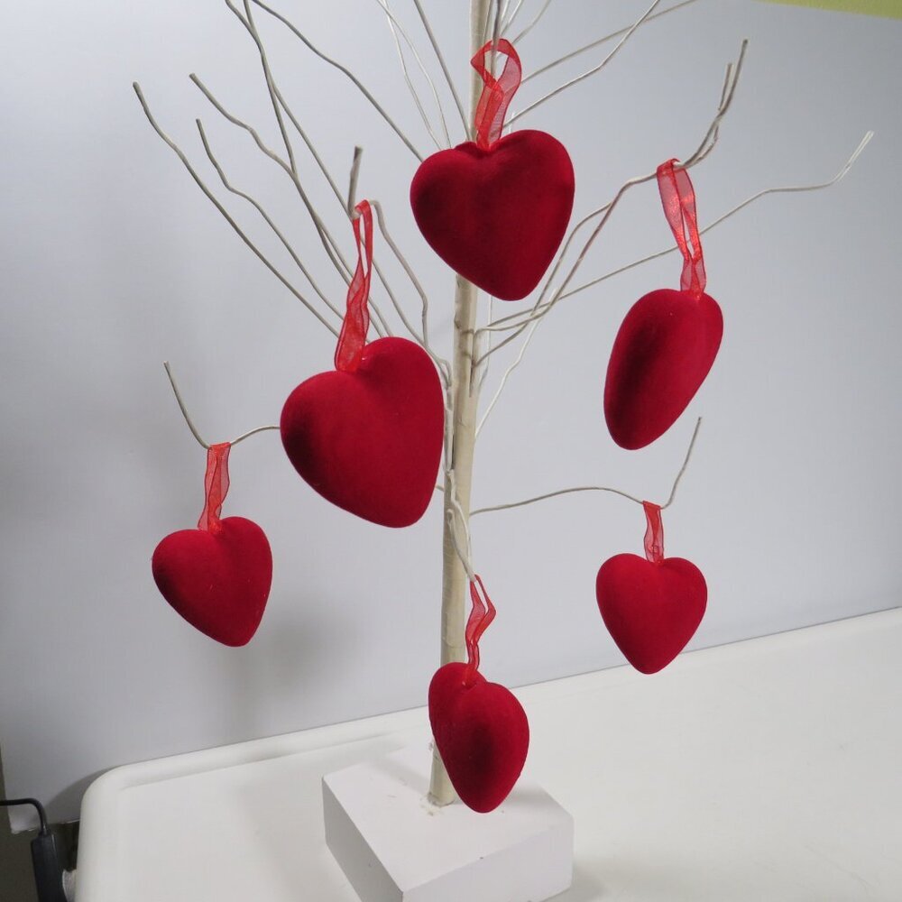Flocked (6) Valentine Heart Ornaments, hangs with ribbon